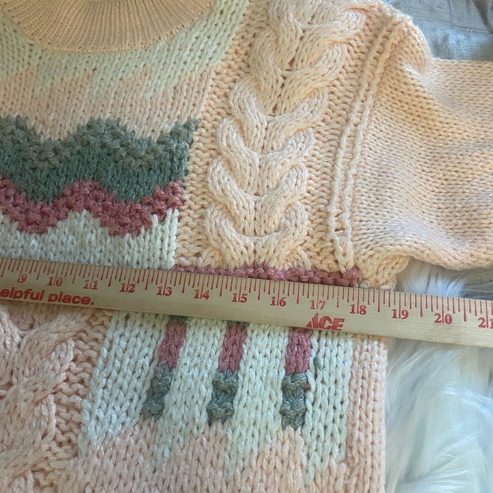 Bramble Lane Sz M Hand Knitted Cable Knit Sweater Coral w/ Green & Rust Accents - Picture 8 of 13